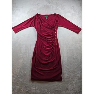 Lauren Ralph Lauren Dress Womens Red V Neck Ruched Side Button Midi
